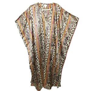 Barbizon Womens Kaftan House Dress OS Satin Leopard Print Mob Wife Loungewear